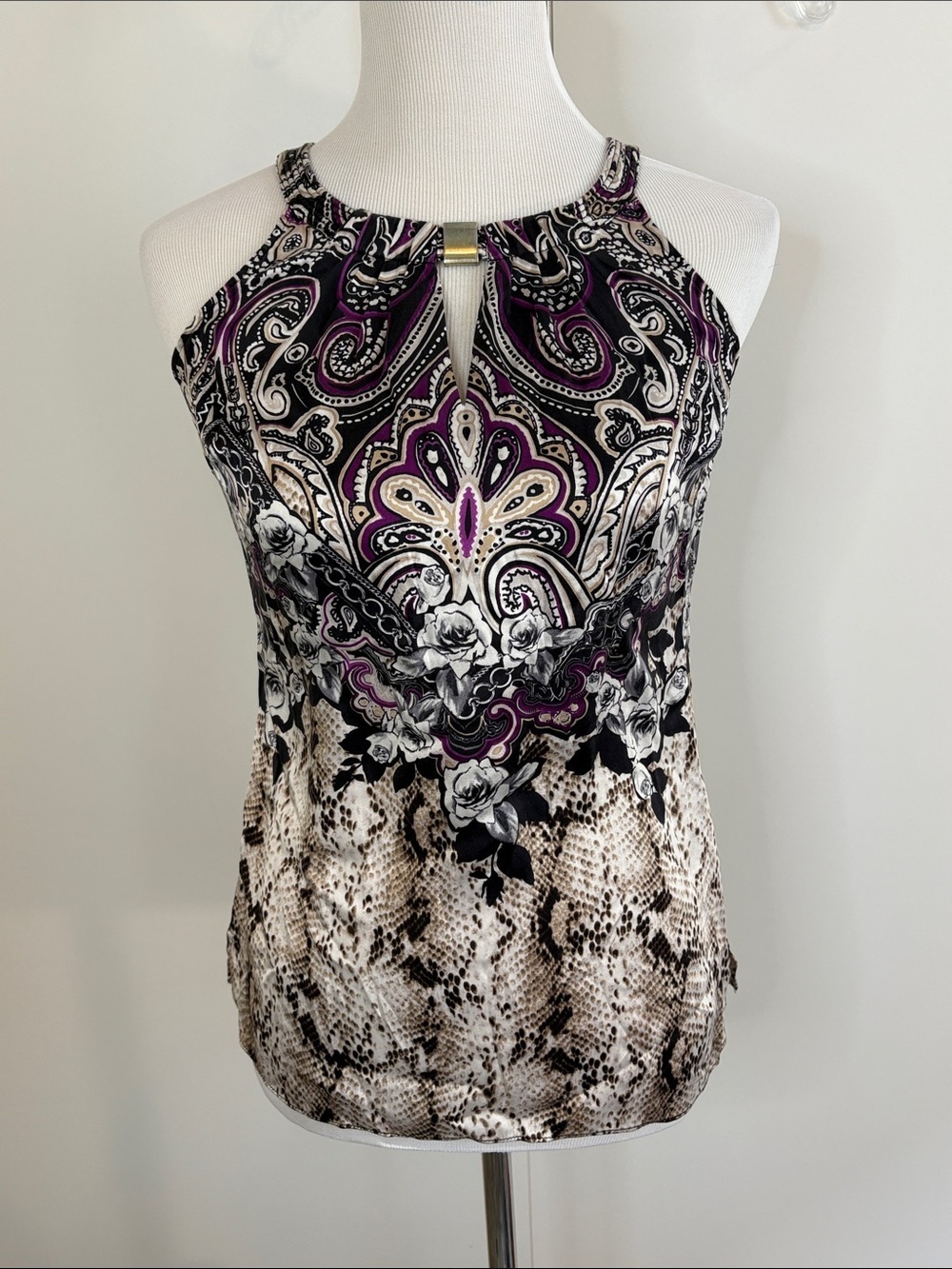 White House Black Market Silk Stretch Paisley, Floral & Snake Halter Tank | 2